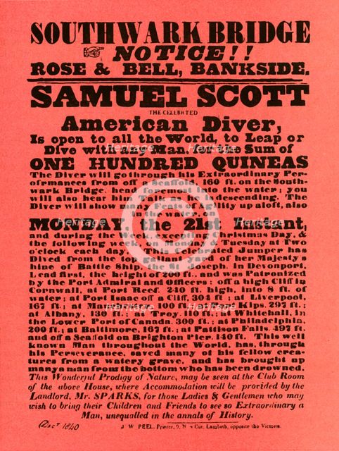 Advertisement for stunt shows by Samuel Scott, 1840, (1948).  Creator: Unknown.