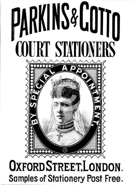 Advertisement for Parkins & Gotto, Court Stationers, 1890. Creator: Unknown.