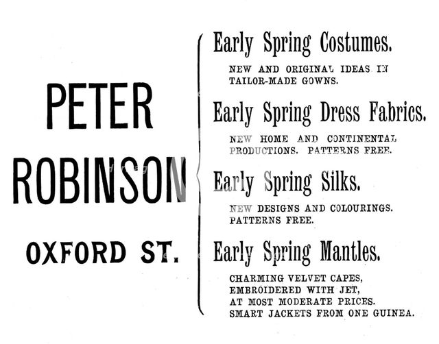 Advertisement for Peter Robinson, 1895. Creator: Unknown.