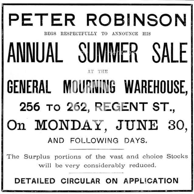Advertisement for Peter Robinson Annual Summer Sale, 1890. Creator: Unknown.