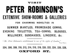 Advertisement for Peter Robinson's, womenswear, 1895. Creator: Unknown