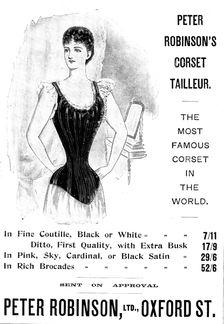 Advertisement for Peter Robinson's Corset Tailleur, 1898. Creator: Unknown