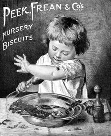 Advertisement for Peek, Freak & Co.'s Nursery Biscuits, 1895. Creator: Unknown