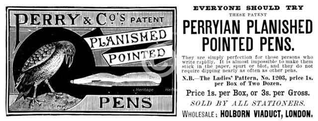 Advertisement for Perryian Planished Pointed Pens, 1890. Creator: Unknown.