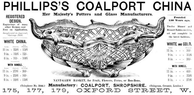 Advertisement for Phillips’s Coalport China, 1890. Creator: Unknown.