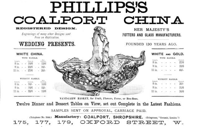 Advertisement for Phillips’s Coalport China, 1890. Creator: Unknown.