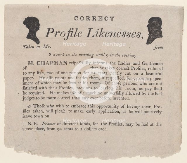Advertisement for profile likenesses by Moses Chapman, 1803-21., 1803-21. Creator: Anon.