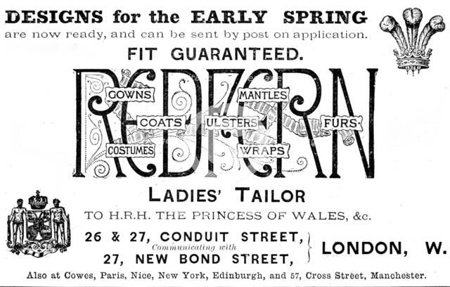 Advertisement for Redfern Ladies’ Tailor, 1890. Creator: Unknown.