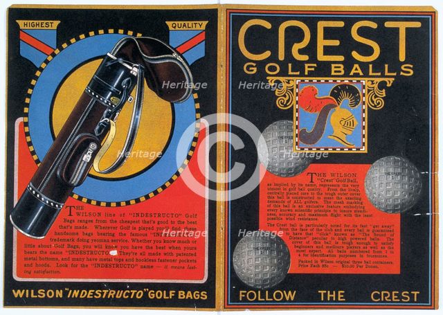 Advertisement for Wilson 'Crest' golf balls, and golf bags, c1930s. Creator: Unknown.