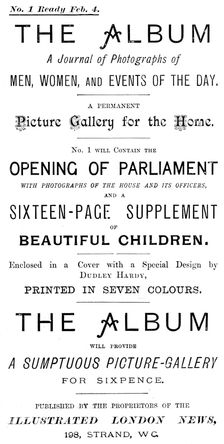 Advertisement for The Album - A Journal of Photographs of Men, Women, and Events of the Day, 1895. Creator: Unknown