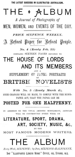 Advertisement for The Album - A Journal of Photographs of Men, Women, and Events of the Day, 1895. Creator: Unknown.