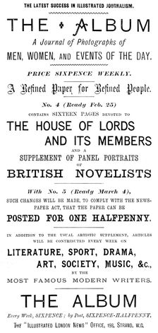 Advertisement for The Album - A Journal of Photographs of Men, Women, and Events of the Day, 1895. Creator: Unknown