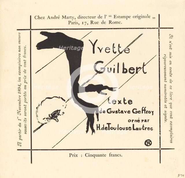 Advertisement for the Album Yvette Guilbert, 1894. Creator: Henri de Toulouse-Lautrec.