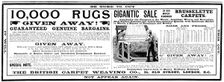 Advertisement for the British Carpet Weaving Co., 1898. Creator: Unknown
