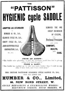 Advertisement for the "Pattisson" Hygienic cycle saddle, 1898. Creator: Unknown