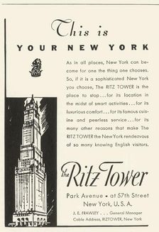 Advertisement for the Ritz Tower Hotel in New York, 1934. Creator: Unknown