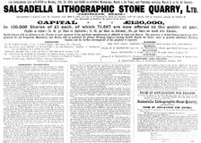 Advertisement for the Salsadella Lithographic Stone Quarry, Ltd., 1898. Creator: Unknown