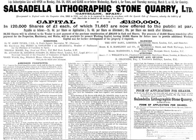 Advertisement for the Salsadella Lithographic Stone Quarry, Ltd., 1898. Creator: Unknown.