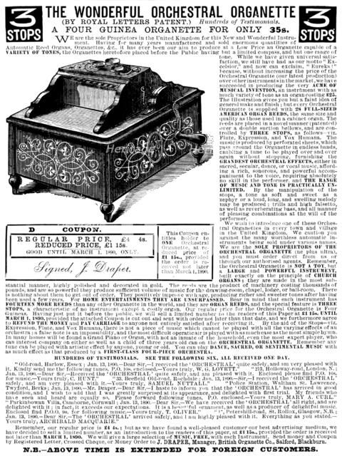 Advertisement for the Wonderful Orchestral Organette, 1890. Creator: Unknown.