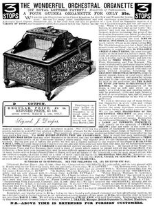 Advertisement for the Wonderful Orchestral Organette, 1890. Creator: Unknown