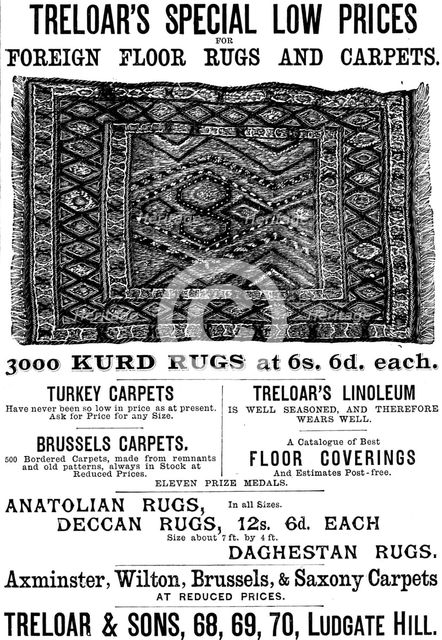 Advertisement for Treloar’s Foreign Floor Rugs and Carpets, 1890. Creator: Unknown.