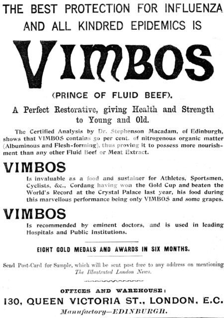 Advertisement for Vimbos (Prince of Fluid Beef), 1898. Creator: Unknown.