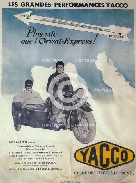 Advertisement for Yacco motor oil, 1936. Artist: Unknown.