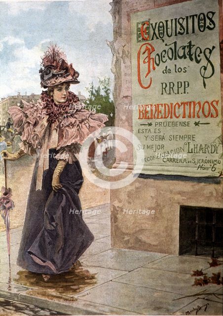 Advertisement of the Benedictine Fathers chocolates, drawing by Bringa Mendez, 1902.