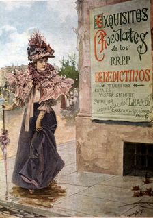 Advertisement of the Benedictine Fathers chocolates, drawing by Bringa Mendez, 1902