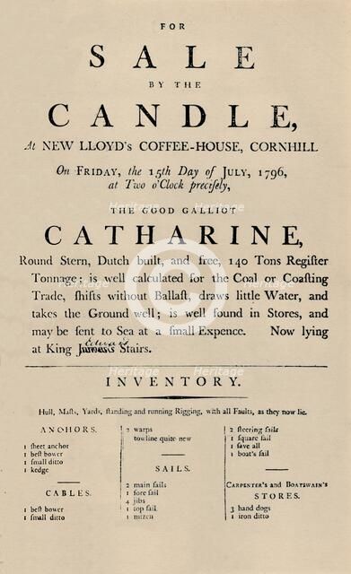 'Advertisement of Sale by Candle at Lloyd's, 1796', (1928). Artist: Unknown.
