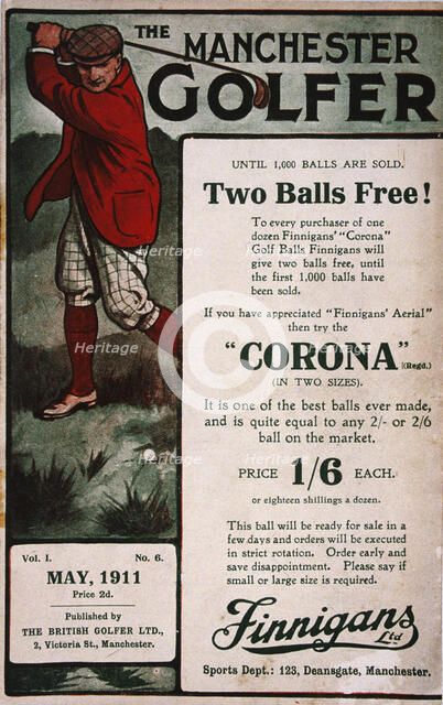 Advertisement on the cover of The Manchester Golfer, British, May 1911. Artist: Unknown