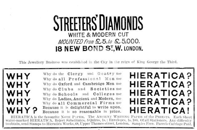 Advertisements for Streeters' Diamonds and Hieratica Note Paper, 1890.  Creator: Unknown.