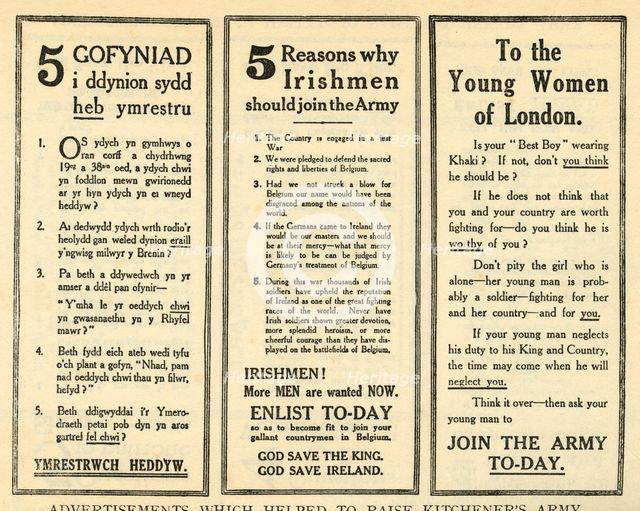 'Advertisements Which Helped To Raise Kitchener's Army', 1914-1918, (1919). Creator: Unknown.