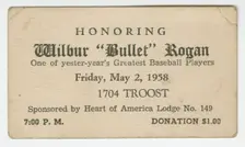 Advertising card for an event honoring Wilbur "Bullet" Rogan, May 2, 1958. Creator: Unknown