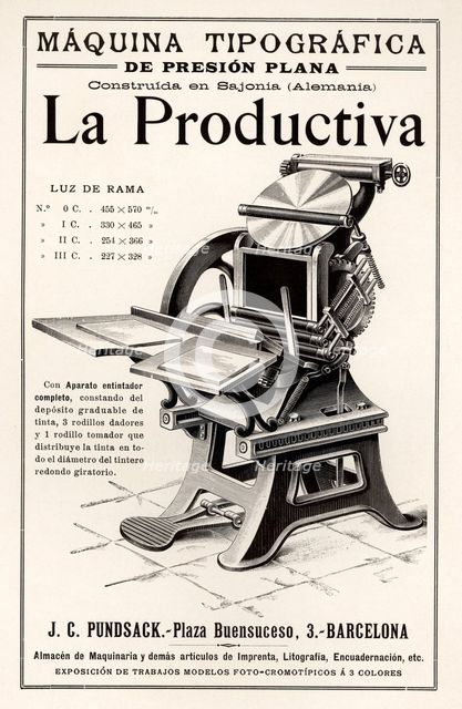 Advertising of the typography machine 'La Productiva'. Barcelona, 1900.