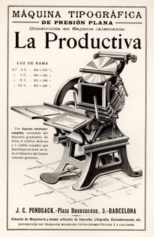 Advertising of the typography machine La Productiva Barcelona, 1900
