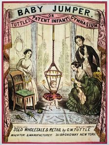 Advertising poster of the self-assembly jumper swing built in rubber rope, engraving, 1850