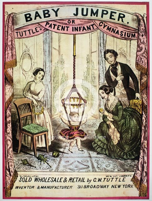 Advertising poster of the self-assembly jumper swing built in rubber rope, engraving, 1850.