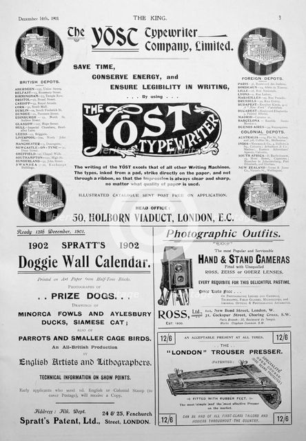 Advertising page from the King magazine, 14th December 1901. Artist: Unknown