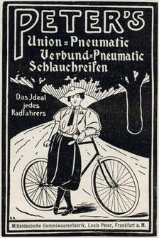 Advertisment for Peter's pneumatic bicycle tyres, 1898. Creators: Unknown, Louis Peter