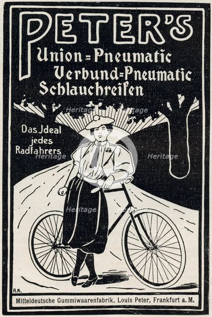 Advertisment for Peter's pneumatic bicycle tyres, 1898. Creators: Unknown, Louis Peter.