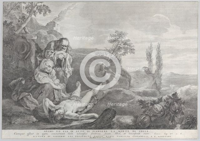 Adam and Eve at left, as an elderly couple, mourning over the corpse of Abel who lies i..., 1743-63. Creator: Pietro Monaco.