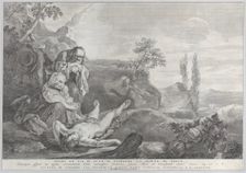 Adam and Eve at left, as an elderly couple, mourning over the corpse of Abel who lies i..., 1743-63. Creator: Pietro Monaco