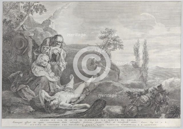 Adam and Eve at left, as an elderly couple, mourning over the corpse of Abel who lies i..., 1743-63. Creator: Pietro Monaco.