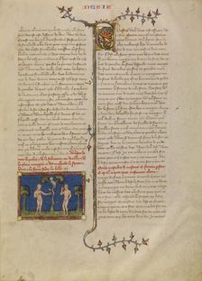 Adam and Eve Eating the Forbidden Fruit, about 1360-1370. Creator: Master of Jean de Mandeville