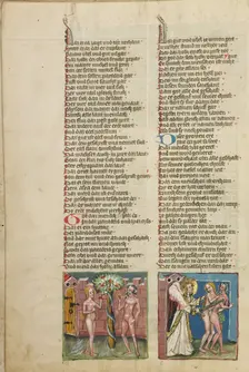 Adam and Eve Eating the Forbidden Fruit: The Expulsion from Paradise; Weltchronik, about 1400-1410. Creator: Unknown
