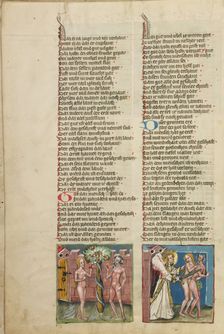 Adam and Eve Eating the Forbidden Fruit: The Expulsion from Paradise; Weltchronik, about 1400-1410. Creator: Unknown