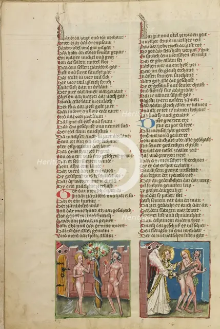 Adam and Eve Eating the Forbidden Fruit: The Expulsion from Paradise; Weltchronik, about 1400-1410. Creator: Unknown.