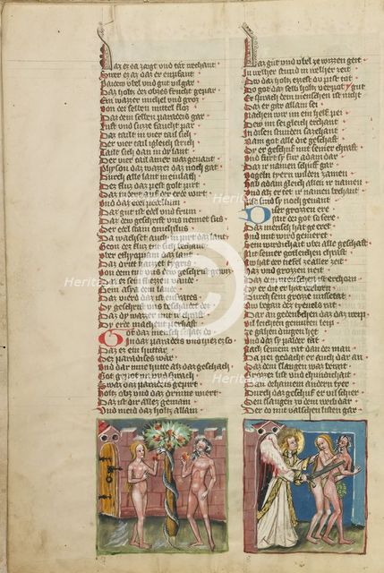 Adam and Eve Eating the Forbidden Fruit: The Expulsion from Paradise; Weltchronik, about 1400-1410. Creator: Unknown.