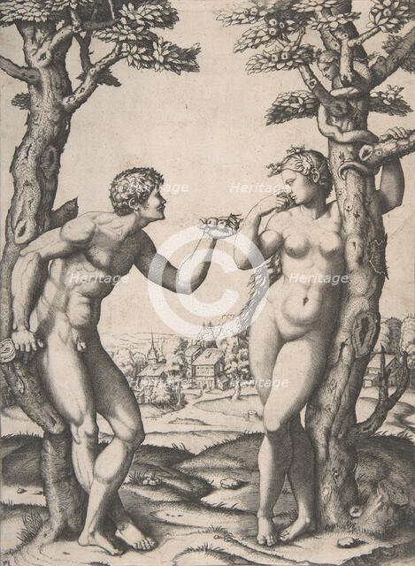 Adam and Eve flanked by two trees, a town in the background, ca. 1512-14. Creator: Marcantonio Raimondi.